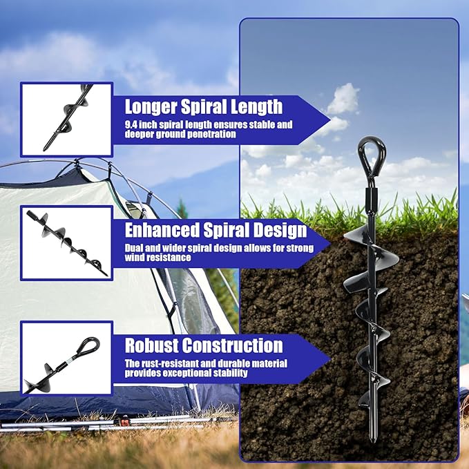Eazy2hD 6 Pack Tent Stakes Heavy Duty, 15 Inch Ground Anchors Screw in, Metal High Winds Trampoline Stake with Nut and Tool, Spiral Anchor Kit for Camping, Swing Set, Mobile Home, Car Ports