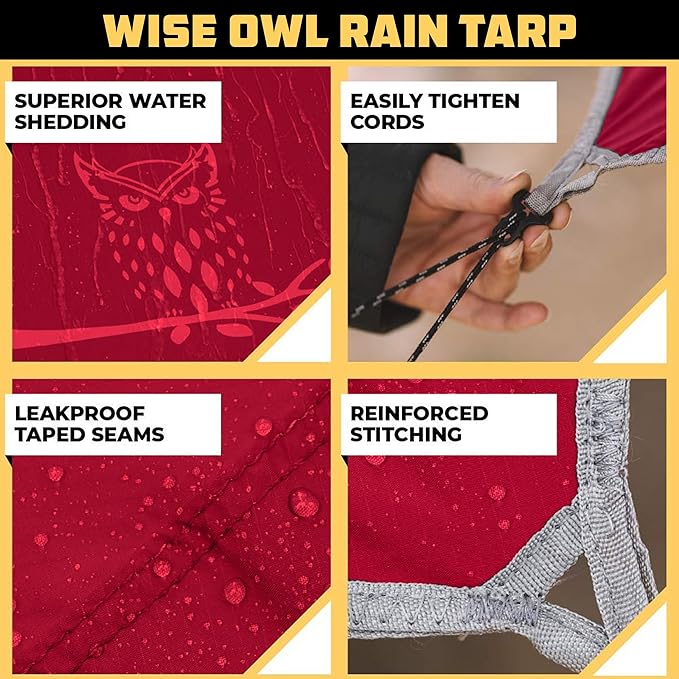 Wise Owl Outfitters Hammock Rain Fly – Waterproof Camping Tarp Cover with Tent Stakes & Carry Bag, Ultralight Shelter for Backpacking & Outdoor Shade