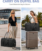 FOCDOD Travel Duffle Bag for Women - Weekender Bags with Shoe Compartment Large Carry on Overnight Tote Bag with Toiletry Bag Traveling Yoga Gym Bags with Wet Pocket Mommy Hospital Bag Black