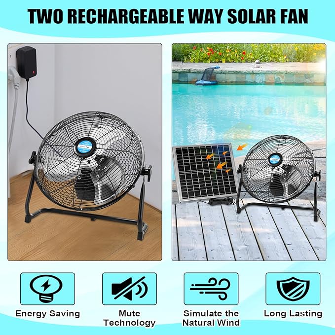 14 Inch Solar Panel Powered Fan, 2 in 1 Solar Panel or AC Charger Powered Fan 12W 9V Portable for Chicken Coop Greenhouse Household Exhaust Camping Travel Outdoor(Black)