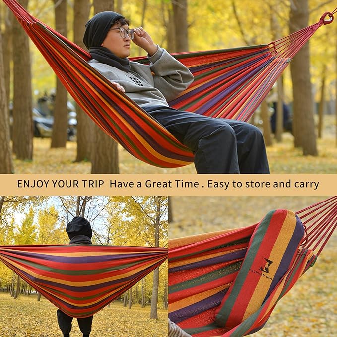 Rainbow Hammock Cotton Hammocks Comfortable Fabric Hammock with Tree Straps for Travel Patio Garden, Hanging Sturdy Hammocks Up to 660lbs Indoor/Outdoor Portable Hamacas with Travel Bag（Rainbow）