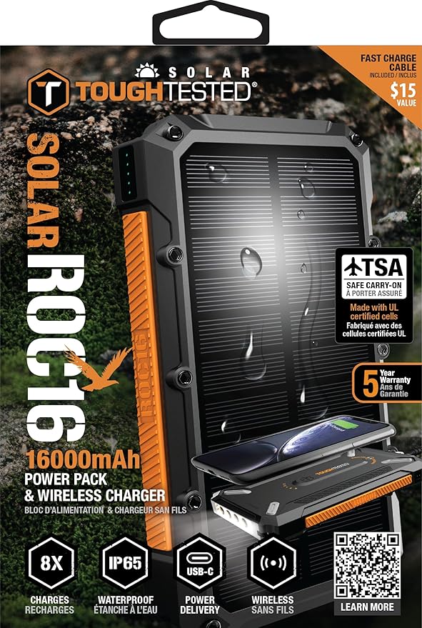 ToughTested 16,000 mAh Fast Charging Solar Power Bank, Portable Solar Charger External Battery Bank with Wireless Charging | IP65 Waterproof, Dustproof, Shockproof for Camping, Travel & Emergency Use