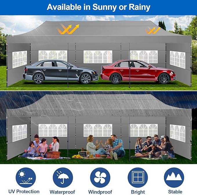 COBIZI 10x30 Pop up Canopy Tent 10x30 Canopy with 8 Sidewalls Waterproof Heavy Duty Commercial Canopy Tent for Parties Outdoor Tent Garden Gazebo Tent, Carry Bag with Wheel(10x30ft, Gray)