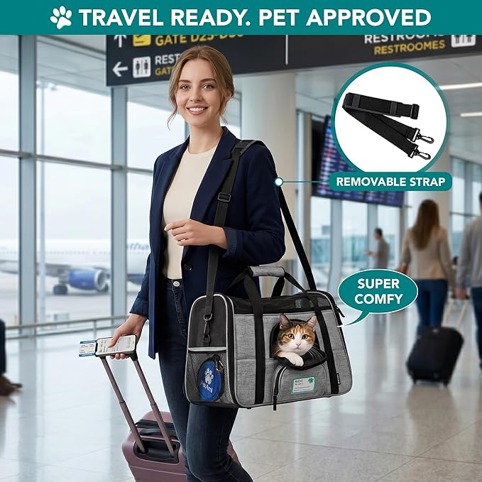 PetAmi Airline Approved Pet Carrier for Cats & Small Dogs, Soft Sided TSA Travel Carrier Bag Sherpa Bed, Breathable Mesh Ventilation, Collapsible Bowl, Fit Under Seat, Up to 18 lbs, Large Heather Gray