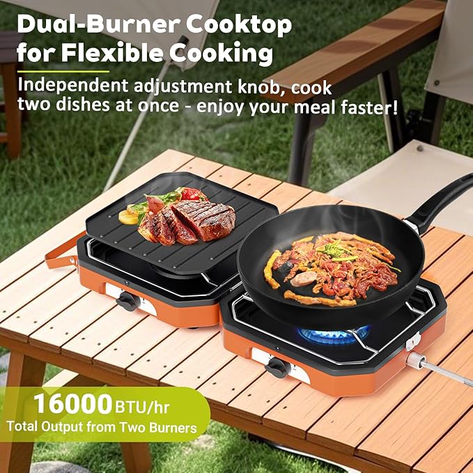 Adjustable 2 Burner Propane Camping Stove With Grill and Carry Bag, 16,000 BTU Foldable Camp Stove, Flame-out Protection, Camping Stove for BBQ/Tailgating, Orange