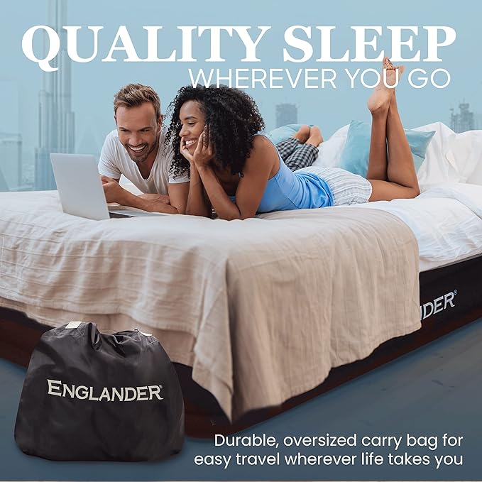 Englander First Ever Microfiber Air Mattress, Microfiber Airbed with Built in Pump Queen Brown/Cream Top