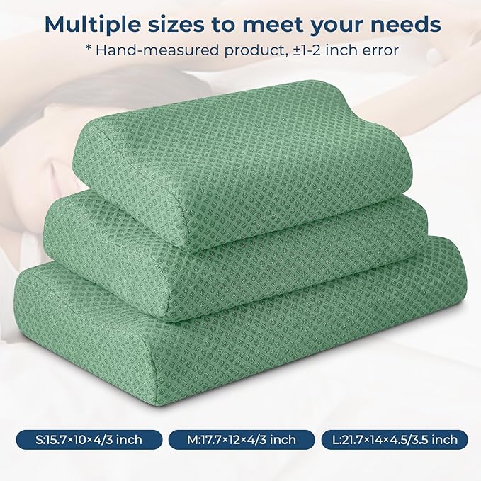 Travel Pillow Memory Foam Pillows, Ergonomic Wave Cervical Neck Pillow for Neck Pain Relief, Compressible Medium Firm Side Sleeper Pillow, Ideal for Camping, Office, Home & Bed (Green, S)