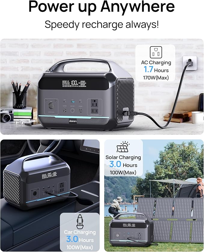 DaranEner Portable Power Station, Outdoor 288Wh(90,000mAh) LiFePO4 Battery, 600W(1200W Surge) AC Outlets, 1.7H Fast Charging Solar Generator for Camping, RV Travel, Home Use（Solar Optional)