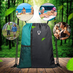 Drawstring Backpack Sports Gym Bag for Women Men Large Lightweight Backpack with Zipper and Water Bottle Mesh Pockets (Black/Teal)