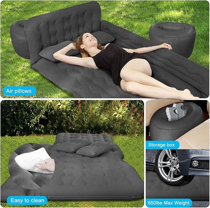 ISWEES Car Bed SUV Air Mattress, Car Air Mattress with Electric Pump, 2 Inflatable Pillows and 2 Footrests for Back Seat, Side Seat,Trunk Sleeping, Thickened Camping Bed - Black