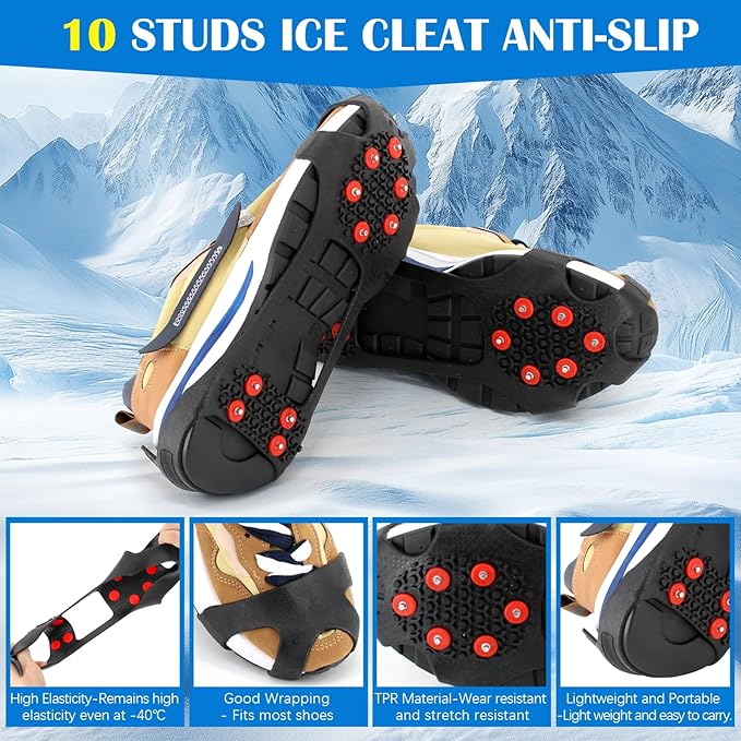 Anti Slip Ice Cleats, Ice Snow Traction Cleats for Walking on Snow and Ice, 10 Steel Studs Crampons, Ice Snow Grips with Extra 20 Replacement Studs for Shoes and Boots