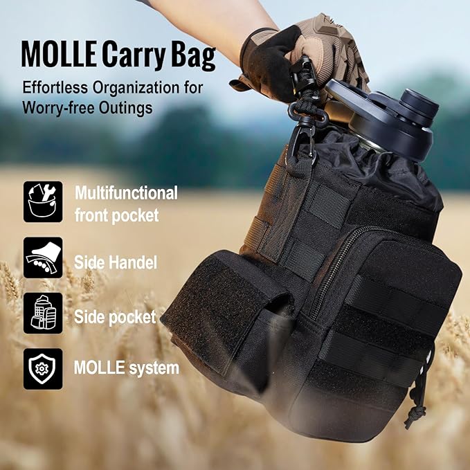 OneTigris Tactical Half Gallon Water Bottle with Straw - 64 oz Vacuum Insulated Stainless Steel Water Jug, Leakproof Sport Bottle with 3 BPA Free Lids, Paracord Handle & MOLLE Water Pouch for Outdoor