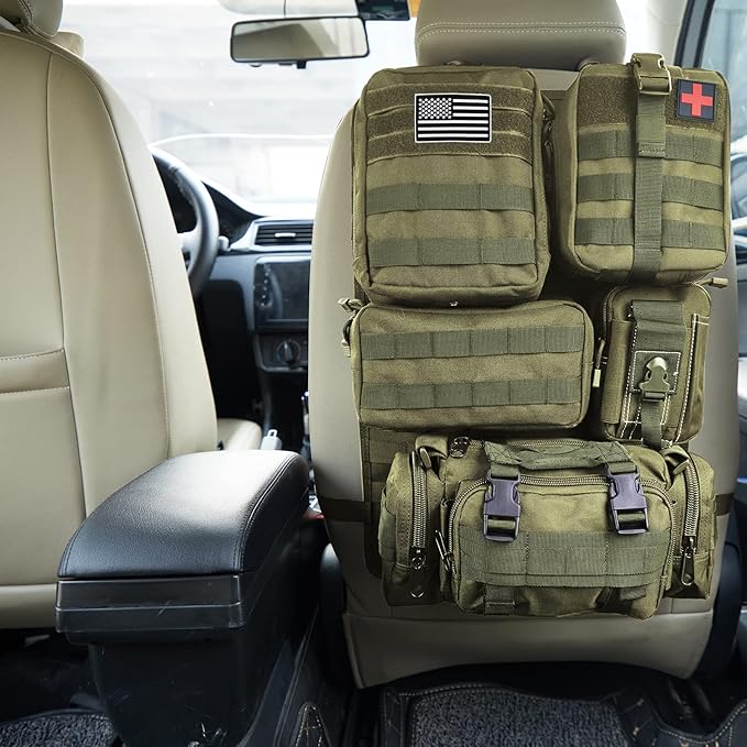Universal Tactical Car Seat Back Organizer Bag Tactical Molle Vehicle Organizers Panel Vehicle Protector Organizers with 5 Detachable Pouches for Car Truck Ford Jeep (Army green)