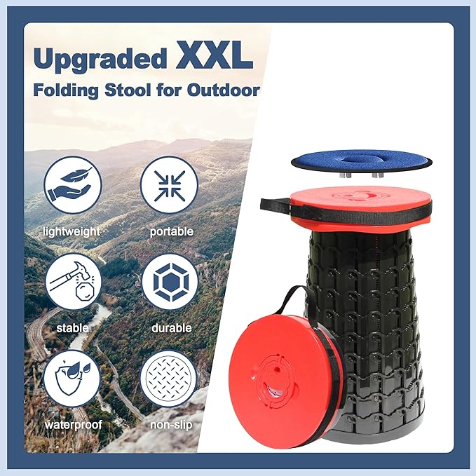 ALEVMOOM 2025 Upgraded XXL 19.7" Collapsible Stool with Cushion, 1000lbs Max Weight Heavy Duty Portable Telescoping Stool, Retractable Seat Folding Chair for Camping Fishing Hiking(Red-XXL)
