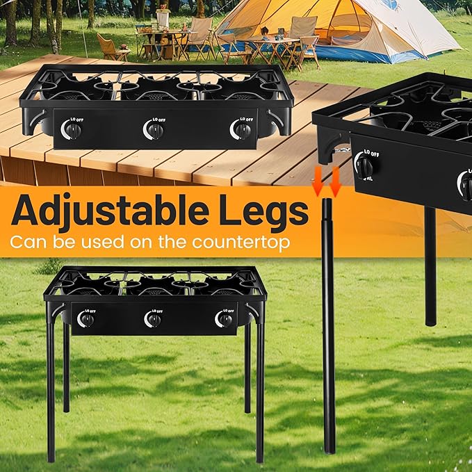 Outdoor Camping Stove, 225000 BTU, High Pressure 3 Burner, Propane Gas Cooker with Detachable Legs, 30 PSI Regulator