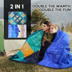 Camping Blanket, 2-in-1 Wearable Puffy Camping Blanket with Hood & Snap Buttons Waterproof Lightweight Travel Blanket Converts to Pillow for Backpacking, Beach, Picnics, Stadium (Mountains)