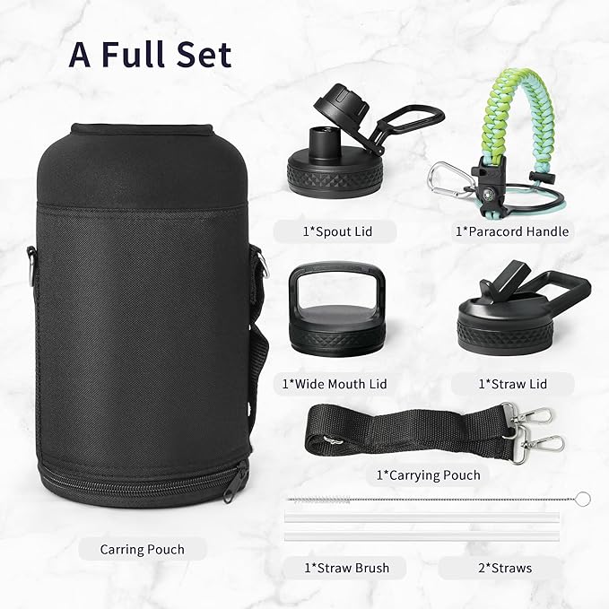 Trebo 64 oz Water Bottle Insulated with Paracord Handle and Straw, Half Gallon Vacuum Stainless Steel Large Water Jug Keep Cold 48 Hours, Reusable Water Flask with 3 Lids for Men Women Gym, Dark Green