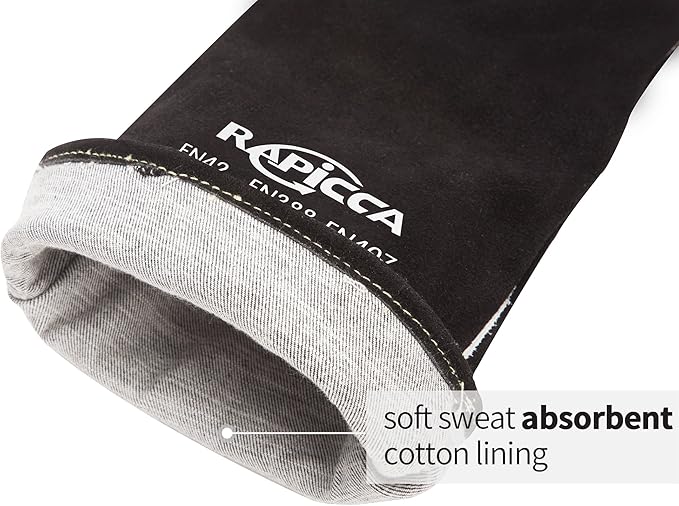 RAPICCA Fireplace Gloves Fire Heat Resistant: Black 14IN - Fireproof Leather for Fireplace Fire Pit Wood Stove Campfire Furnace BBQ Grill Oven Stick Mig Welding Welder Gear - Birthday Gift for men