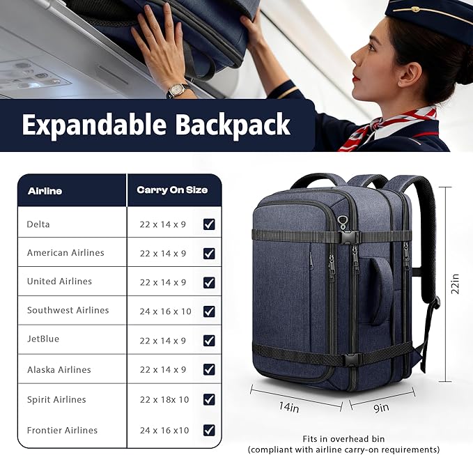 Travelability Carry On Backpack,Expandable 1-7 DAYS Roomy Travel Backpack with Cable Access Port,Anti Theft Water Resistant Fits 18.4"Laptop Large Business Backpack for Men Women,Flights Approve,Blue