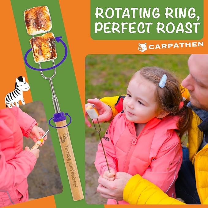 CARPATHEN Marshmallow Roasting Sticks Campfire - Set of 10pcs Smores Sticks With Beautifully Engraved Handles - Perfect as a Gift - Telescoping Stainless Steel Hot Dog Sticks Skewers