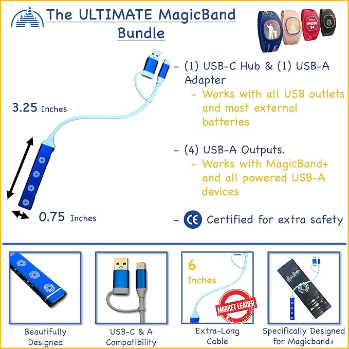 MultiCharger for MagicBand+, MagicBand + & Magic Band Compatible with FuelRod and Other External Battery. Disney World Accessories for Trip to Disneyland or Cruise (USB-A, 1-Pack)