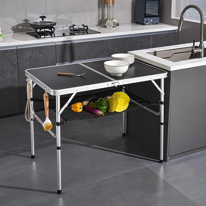 Folding Camping Table, 36''L x24''W Camp Aluminum Table with Adjustable Height Legs, Indoor Outdoor Lightweight Portable Folding Dining Table for Camp Picnic Beach 3Ft black 2 Heights 15"/28"）