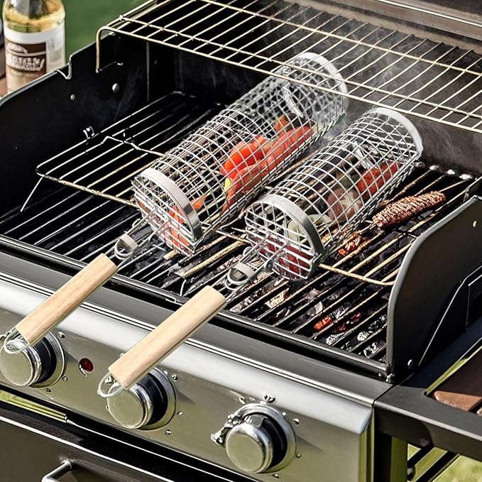 Rolling Grill Basket for Vegetables, Kebabs & Shrimp – 304 Stainless Steel BBQ Accessory with Side-Opening Design, Ideal for Outdoor Cooking & Camping