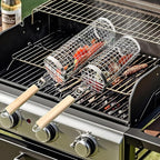 Rolling Grill Basket for Vegetables, Kebabs & Shrimp – 304 Stainless Steel BBQ Accessory with Side-Opening Design, Ideal for Outdoor Cooking & Camping