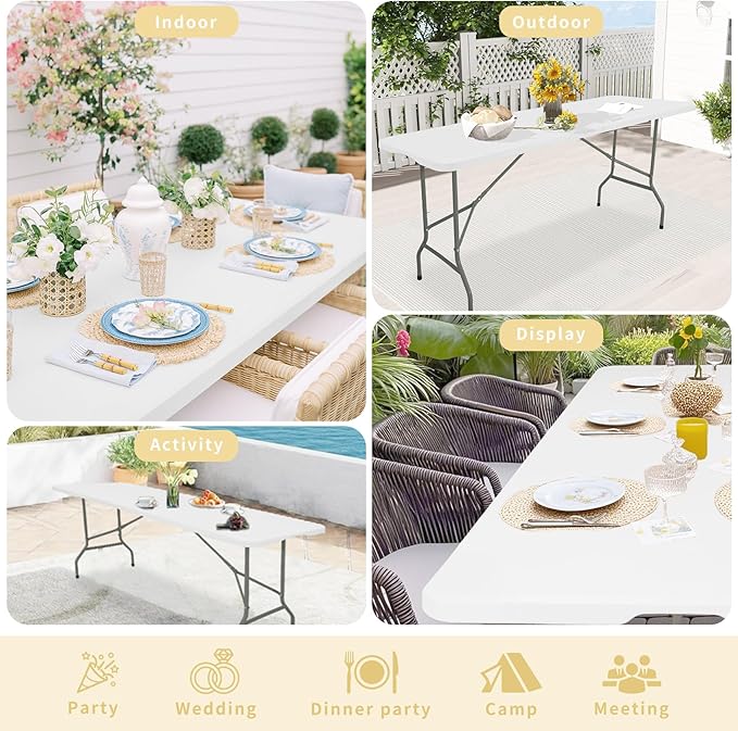 Set of 2 Folding Table 5 FT Camping Table Portable Heavy Duty Plastic Rectangular Outdoor Dining Table Steel Legs Fold-in-Half with Carrying Handle for Indoor,Picnic,Party,Wedding,Events(White)