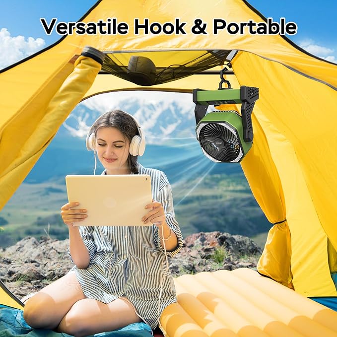 Portable Battery Operated Fan, 20000mAh Rechargeable Camping Fan, 58H Cooling, Tilt Head, 4 Speed Floor Fan with LED Light and Hook for Tent Car Travel Jobsite Fishing Outdoor Hurricane Power Outage