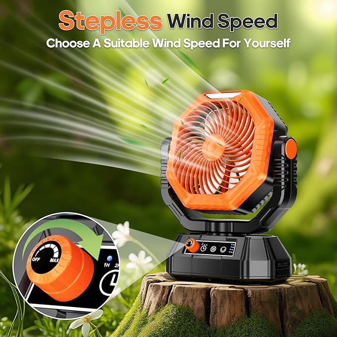 AJVV Camping Fan Rechargeable, Battery Powered Fan With Remote Controller, LED Light, Dual Motors, Stepless Speed, 45°/90°/270° Swing,Timer, Portable fan For Travel Tent Bedroom Beach Fishing, Orange