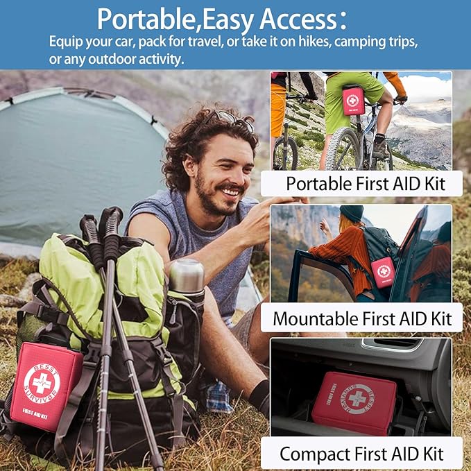 Premium First Aid Kit with Labelled Compartments, Emergency Survival Kit for Car, Home, Hiking and Travel – Compact Medical Kit for Roadside Emergencies, Outdoor Adventures, and Everyday Safety