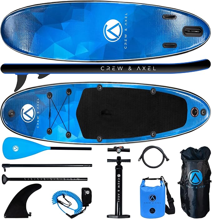 Crew Axel Inflatable Paddle Board 10’33’6” Extra Wide & Lightweight (18lb) Paddle Board – Premium SUP Set Includes 2 Bags, Floating Paddle, Camera Mount, 3 Fins, Dual Pump Kit