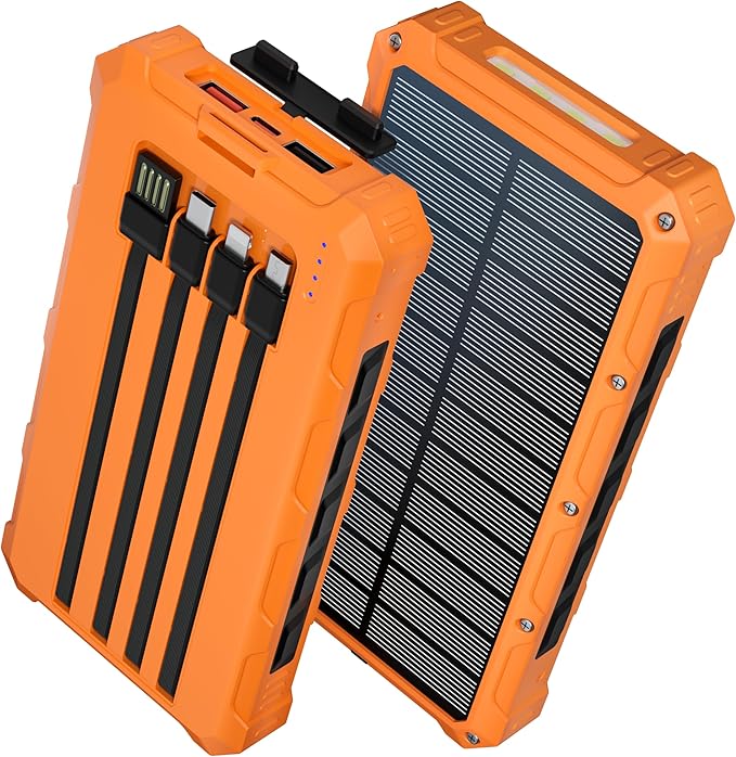 Solar-Charger-Power-Bank - 20000mah Solar Powered Battery Charger Cell Phone,20W Fast Charging Built in Cables,Camping Essentials Portable External Battery Pack Compatible with Multiple Devices
