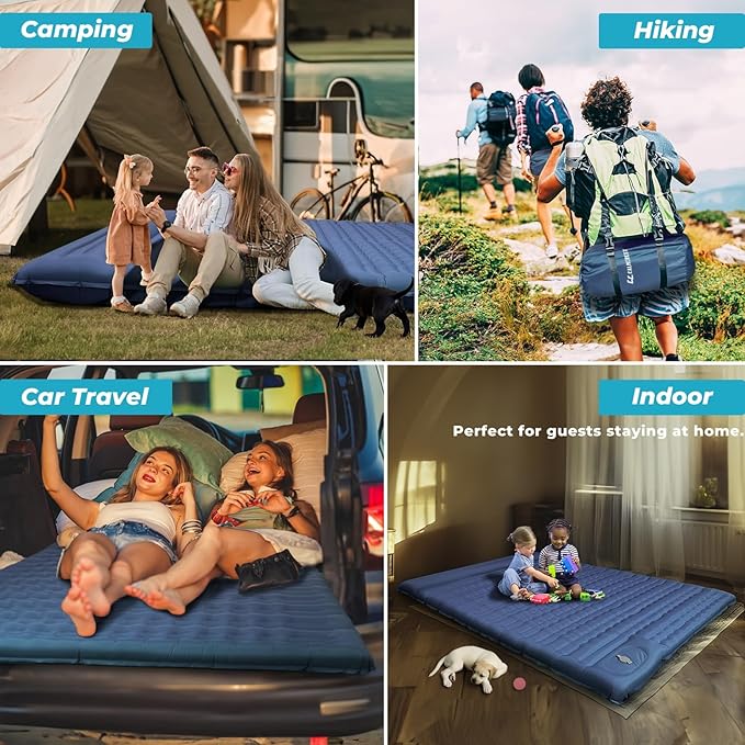 Double Sleeping Pad for Camping, 5" Extra-Thick Inflatable Camping Pad 2 Person with Built-in Foot Pump,Comfort Camping Mat with Pillow, Lightweight Sleeping Mat, Supports Up to 800 lbs-Blue