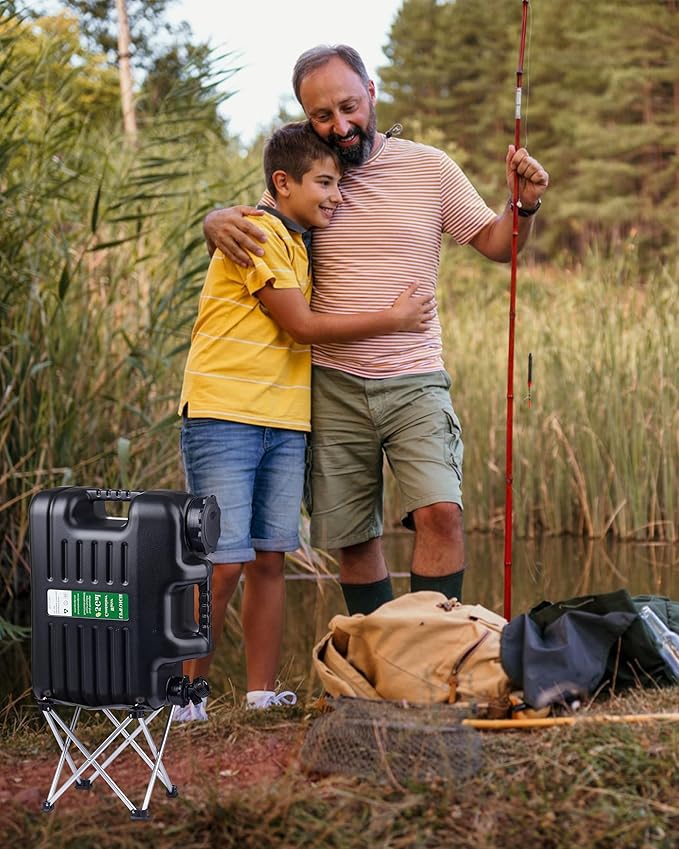 UPWOIGH 5 Gallon Water Jug with Spigot and Folding Stool – Leak-Proof, BPA-Free Portable Black Water Container with Stand, Large Outdoor Storage Tank for Camping, Hiking, RV, Travel, and Emergency Use