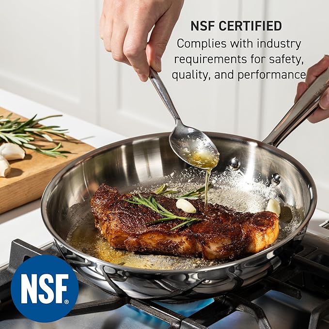 T-Fal Pro Tri-Ply Stainless Steel Cookware Set, 10 Piece-Induction Compatible, Oven Safe 500F, Lids-350F, Even Heat, Professional Quality, Durable, Induction Pots and Pans Set, Silver