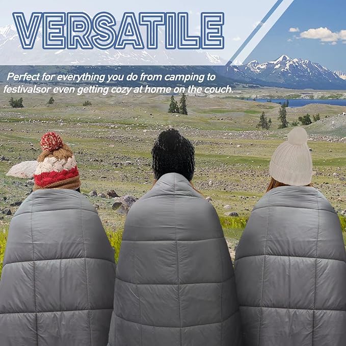 Outdoor Puffy Camping Blanket, Lightweight Down Alternative Puffy Printed Camping Large Ultra Warm Hammock Top Quilt Waterproof Blanket for Traveling Picnic Beach Party Cold Weather (Gray)