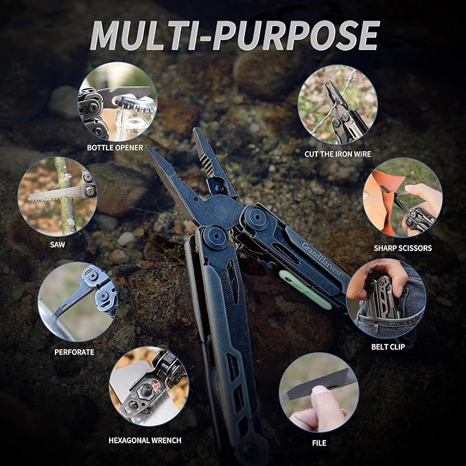 Multitool, 25-in-1 Spring Loaded Pliers Multi Tool, Each Tools with Safety Lock-Stainless Steel Multi-Tool, Propylene Sheath, Survival Gear for Camping, Hiking, Multi Plier, Pocket Knife