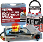 Dual Fuel Portable Stove Combo, Dual Fuel Butane & Propane Stove, 12K BTU Portable Camping Stoves w/ 4 x 8 oz. Butane Tin Canister for Camping, Emergencies & Outdoor Cooking, Grill by Grill Boss 90057