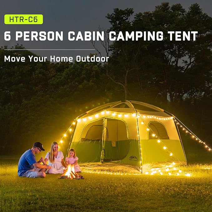 Happy Travel Tent 6 Person Tents for Camping, Waterproof Easy Setup Camping Tent with Rainfly, Portable Large Family Cabin Tent with 5 Large Mesh Windows and Carry Bag for Outdoor Camping & Hiking