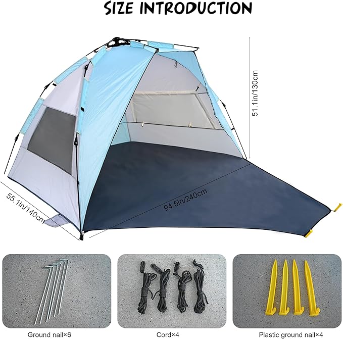 Pop Up Beach Tent Sun Shelter, Pop Up Beach Tent 94.5 x 55.1 x 51.1 inches, 3-4 Person, Blue, with Storage Bag