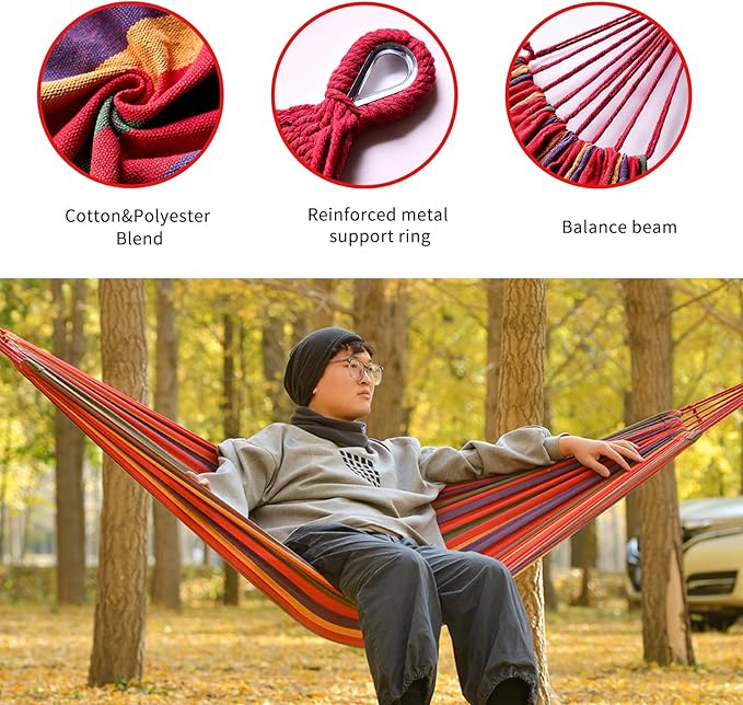 Rainbow Hammock Cotton Hammocks Comfortable Fabric Hammock with Tree Straps for Travel Patio Garden, Hanging Sturdy Hammocks Up to 660lbs Indoor/Outdoor Portable Hamacas with Travel Bag（Rainbow）