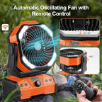 Odoland 40000mAh Camping Fan with LED Light, Battery Operated Oscillating Desk Fan with Remote & Hook, Rechargeable Outdoor Tent Fan with Timer for Hurricane Power Outage Travel Jobsite RV, Orange