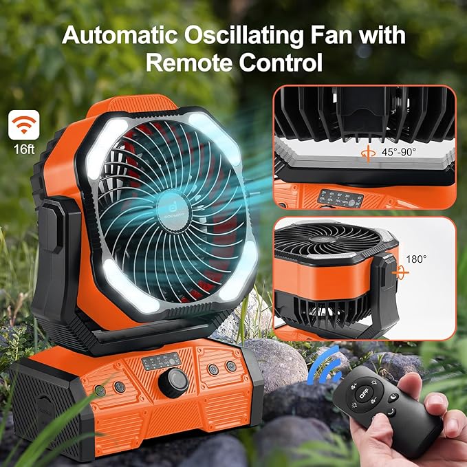 Odoland 40000mAh Camping Fan with LED Light, Battery Operated Oscillating Desk Fan with Remote & Hook, Rechargeable Outdoor Tent Fan with Timer for Hurricane Power Outage Travel Jobsite RV, Orange
