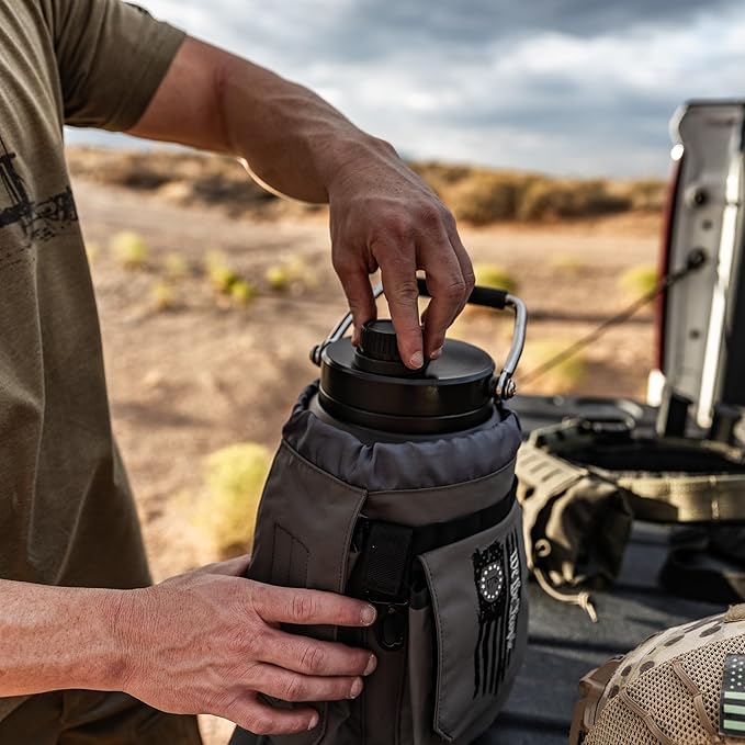 Iron Infidel Battle Bottle - One Gallon Insulated Water Bottle with Dual Carry Handles - 128 oz Tactical Stainless Steel Water Jug & Rugged Extra Large Sleeve With Storage (Betsy 128 Ounces)