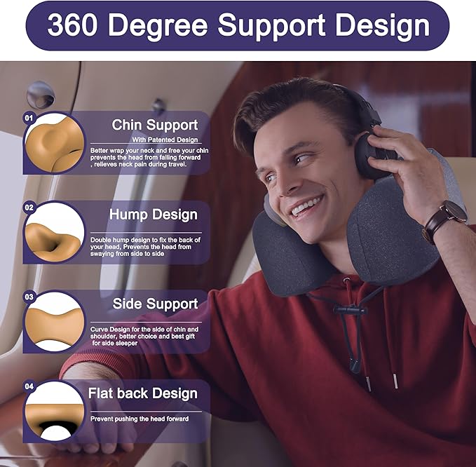 napfun Travel Pillow, Travel Accessories & Travel Essentials for Airplane Upgraded 100% Pure Memory Foam Travel Neck Pillow for Flight Headrest Sleep, Portable Plane Necessities, Full Black