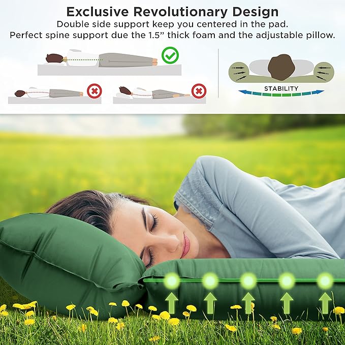 Camping Pad with Armrest & Pillow - Self-Inflating Air Mattress - Rollover Protection - Ultra-Comfortable Mat - Lightweight for Tent, Cot, Backpacking(L/XL)