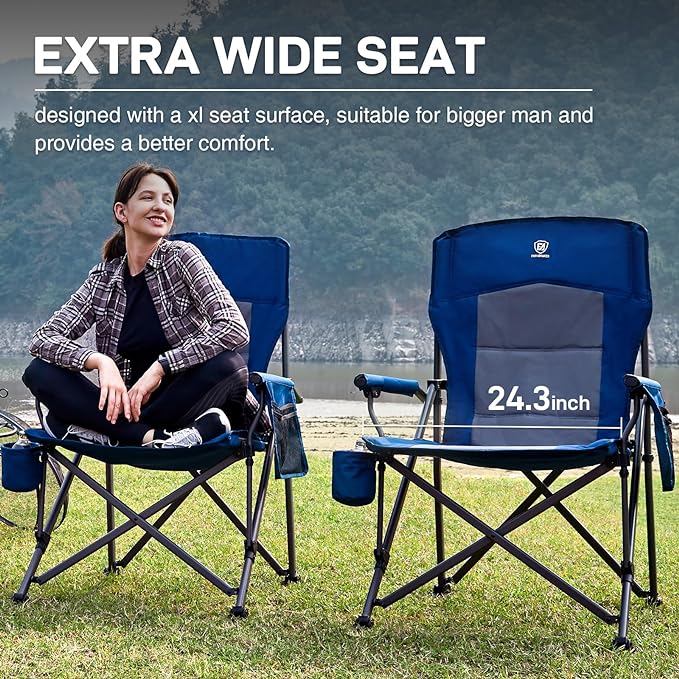 EVER ADVANCED Oversized Folding Camping Chair, for Adults Heavy Duty Lawn Chair with Side Pockets, Portable Collapsible Quad Chair for Outside, Support Up to 500lbs, Blue