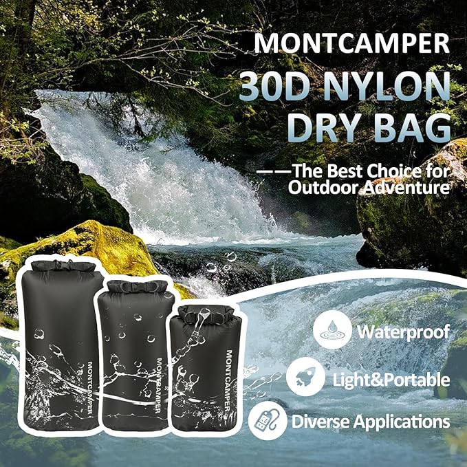 3-pack 30D Nylon Waterproof Dry Bag-Portable Waterproof Storage Sack for Kayaking, Hiking and Rafting-Roll Top Closure-Float on Water(5L/10L/20L,Black)